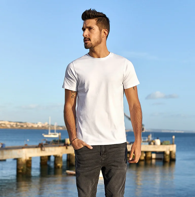 V7975-  Men's short sleeved T-shirt summer men's slim fit men's white top round neck solid color bottomed shirt