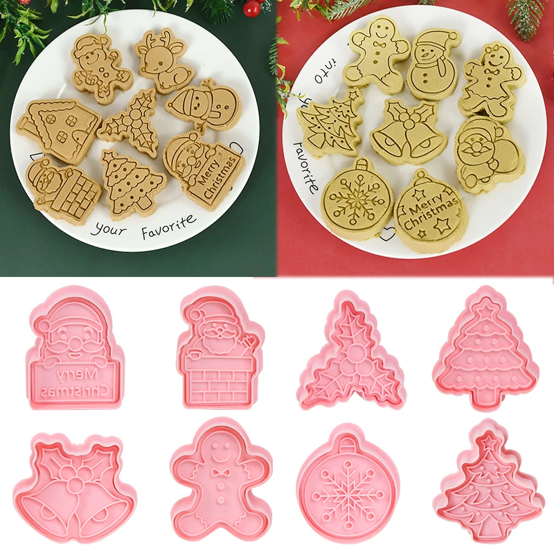 

8pcs 3D Plastic Merry Christmas Cookie Cutters Biscuit Mold Snowflake Tree Elk Santa Embossed Stamp Mould Kitchen Baking Tools
