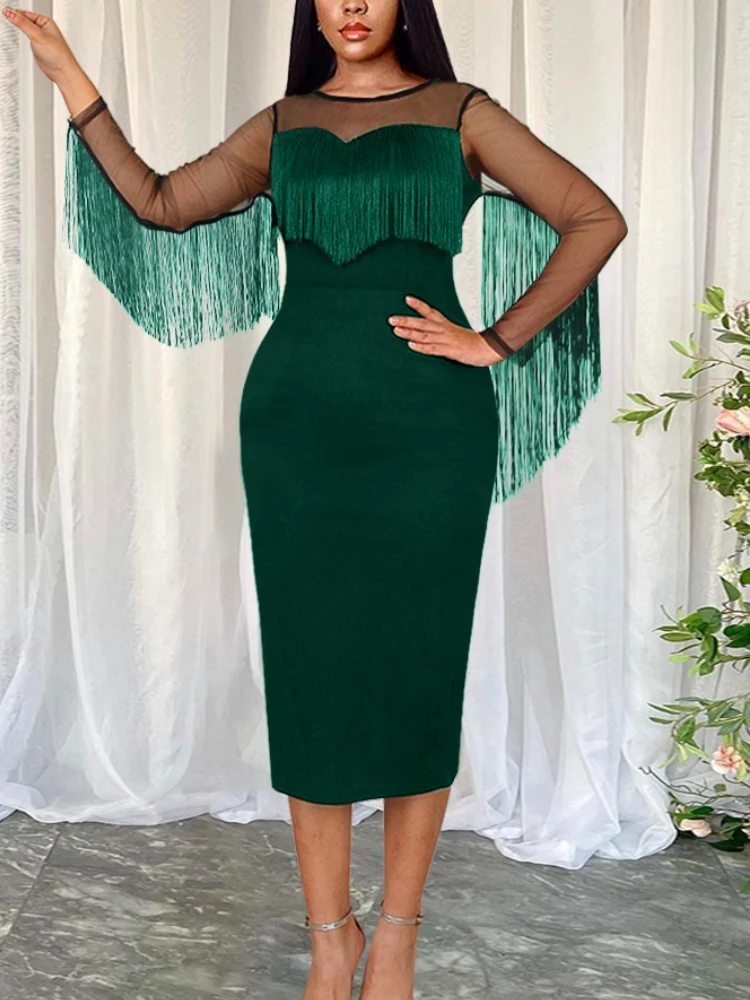 Зеленые платья с бахромой элегантное Тюлевое платье длинным рукавом и нагрудной