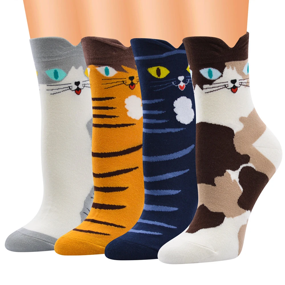 12pairs/Lot Women Combed Cotton Fashion Striped Animal Cat And Dog Pattern Cartoon Casual Middle Tube Knit Socks Christmas Gift
