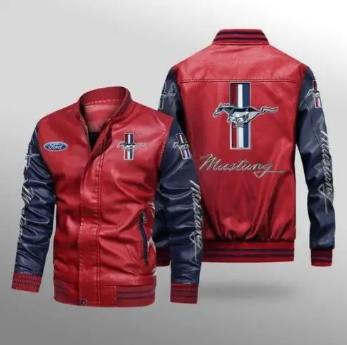 

Ford Mustang Logo Motorcycle PU Leather Jacket Men's Baseball Bomber Coat Unisex Men's Oversize Varsity Vintage