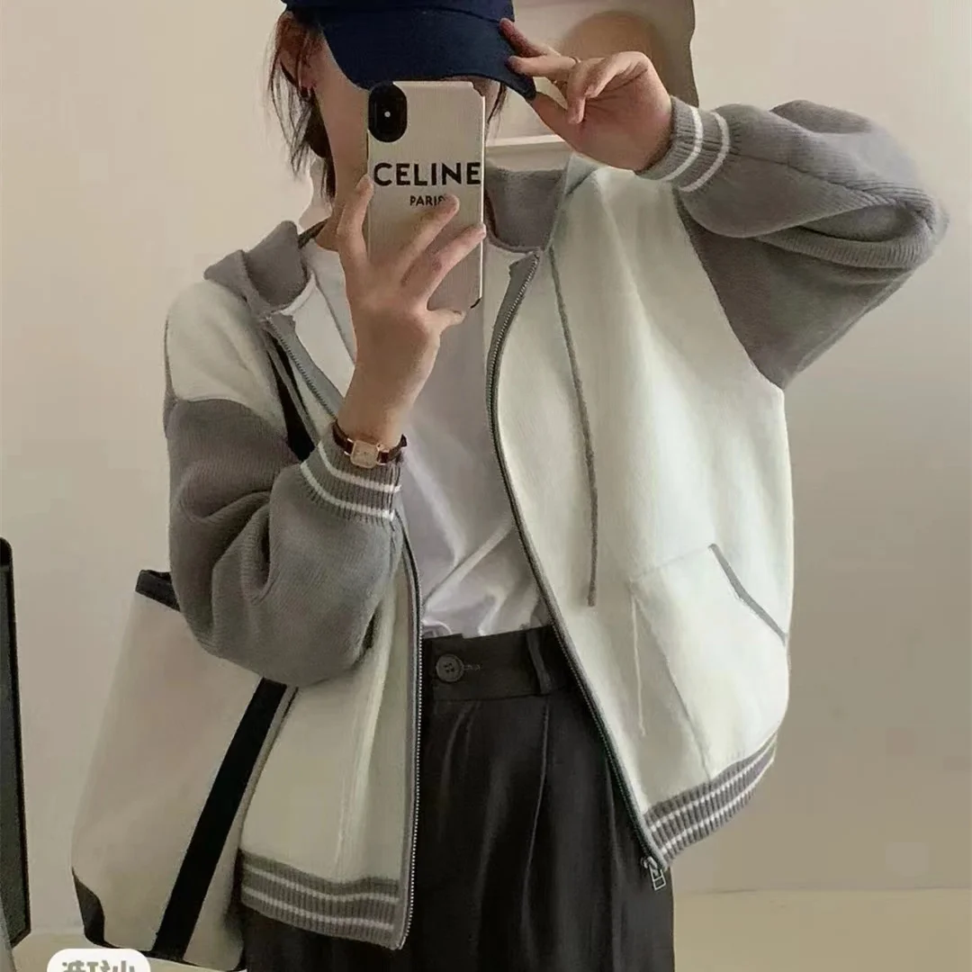 

Осень-зима 2022 Новинка Корея Dongdaemun контрастный вязаный кардиган с капюшоном женский свободный свитер на молнии QWF8