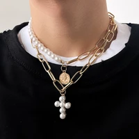 retro fashion personality double layers chain cross pendant necklace for women jewelry gifts