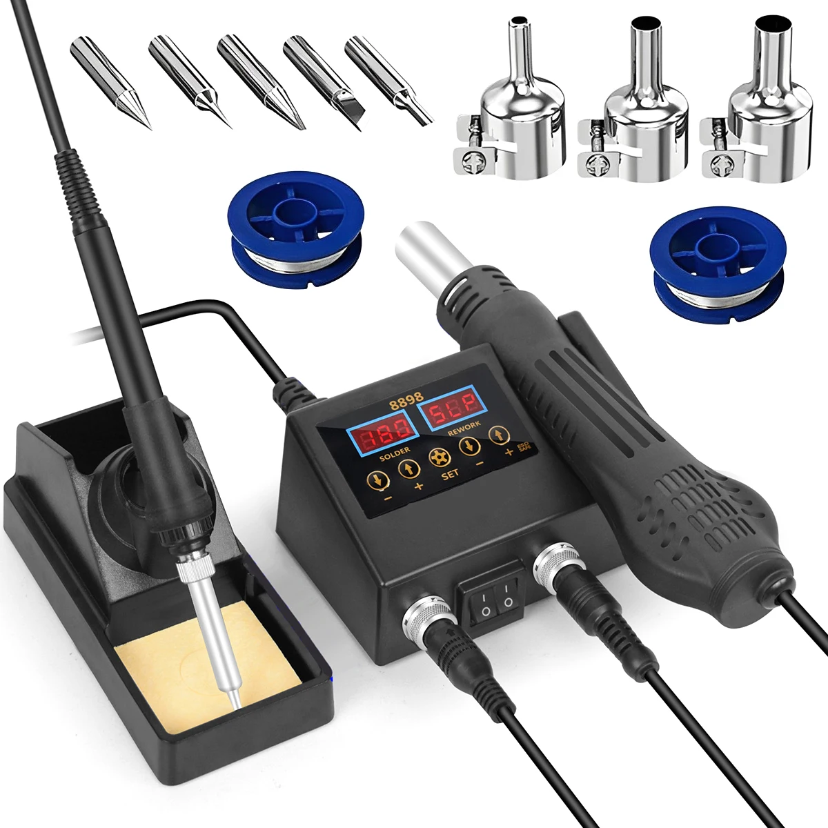 

14Pcs Hot Air Rework Station Kit 110V 2in1 Digital Display Hot Air Gun Soldering Iron with °C/°F and Temperature Adjustment