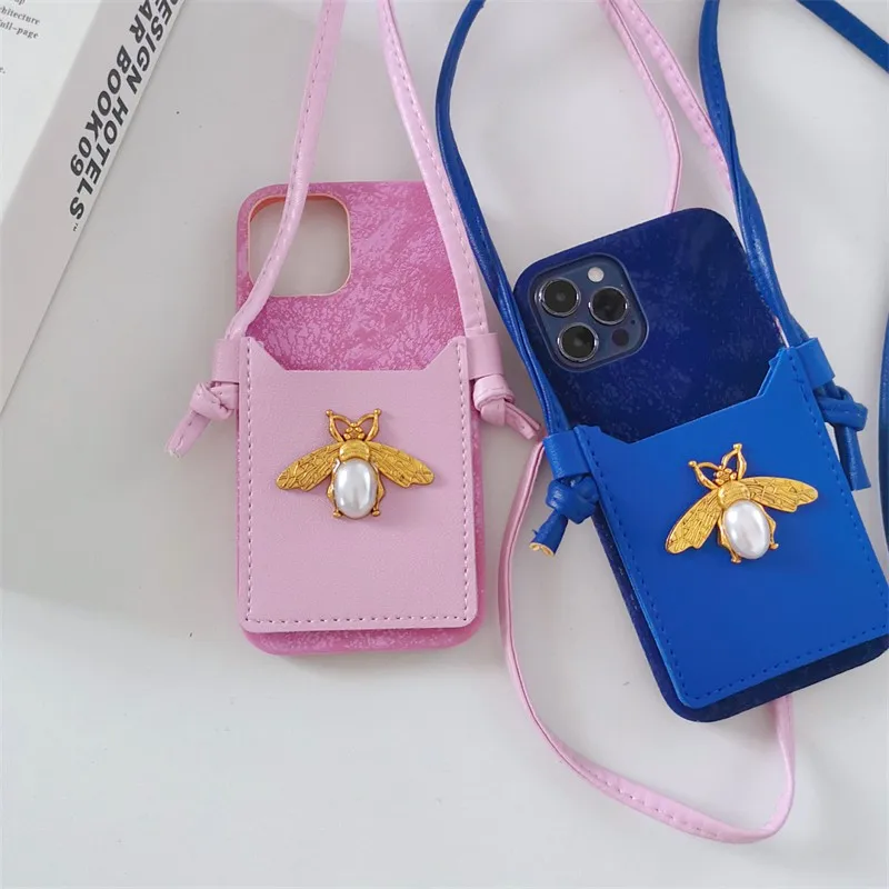

Diamond Pearl Bee Card Holder With Lanyard Soft Phone Case For Iphone 14 13 12 11 Pro X Xs Max Xr 7 8 Plus Se 2 Plain Back Cover
