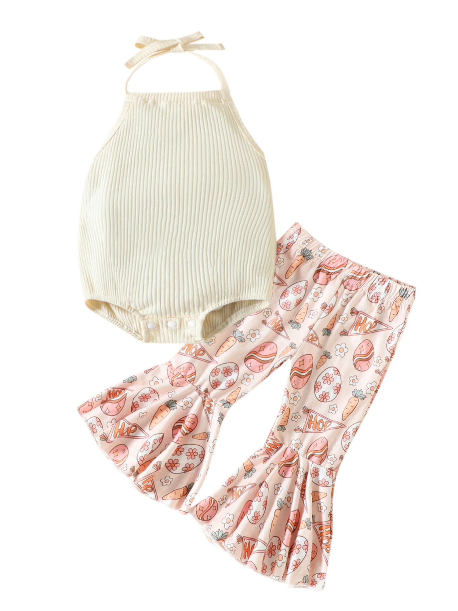 

My 1st Easter Outfit Baby Girl Clothes Newborn Ribbed Romper Easter Bunny Print Flare Pants Bell Bottoms Summer