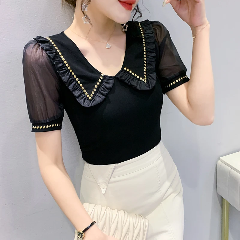 

Korean Style Summer T Shirt Women Ruffles Peter Pan Collar Rivet T-shirt Tops Kawaii Cute Young Ladies Tee Shirt Femme Trend