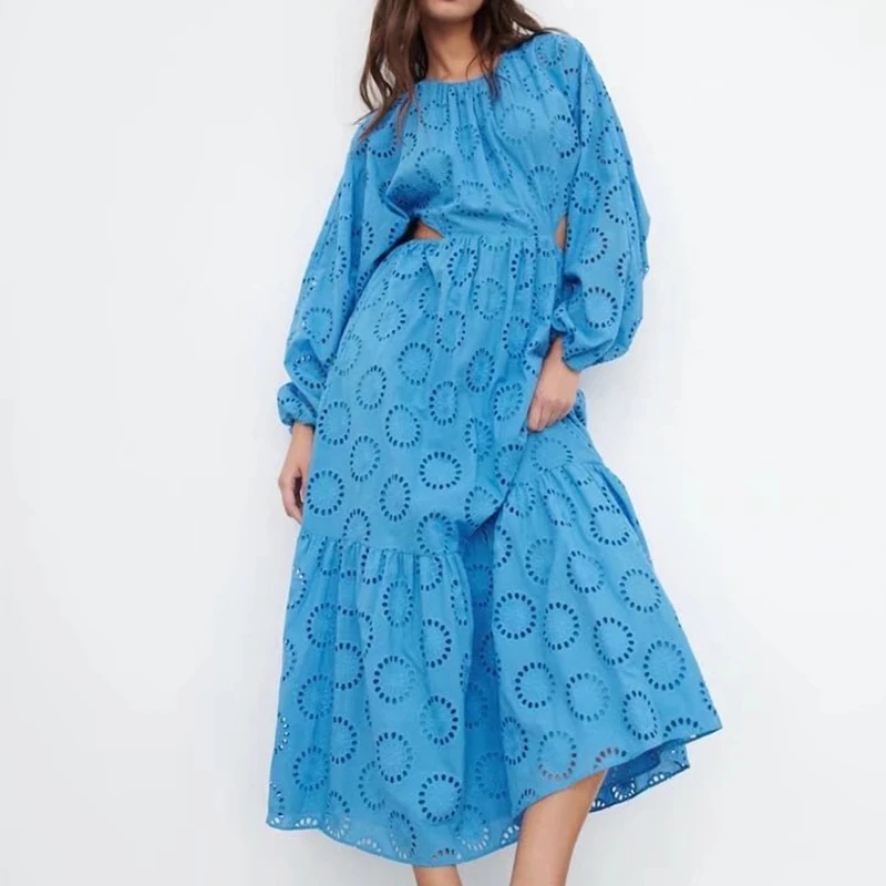 

Spring 2022 Women Blue Embroidery Midi Dress O Neck Long Sleeve Female Fashion Hollow Out Dress Vestidos BB22269