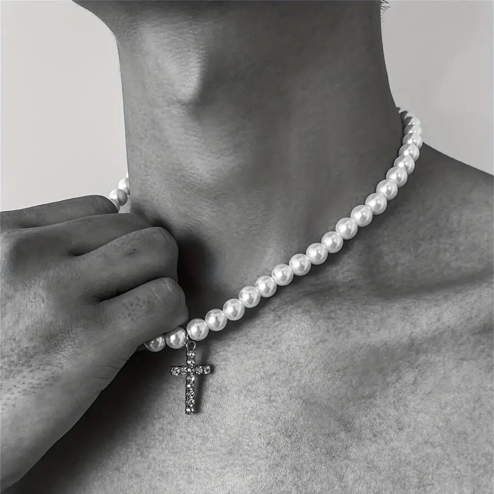 New Trendy Freshwater Pearl Cross Zircon Pendant Cecklace for Man Minimalist Vintage Pearls Collarbone Chain Handmade Jewelry