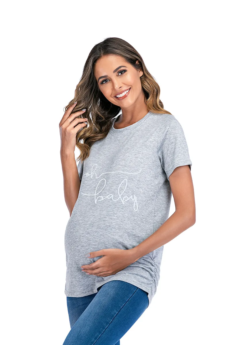 Summer Maternity Clothing Plus Size Maternity T-shirt Tops Short Sleeve Pregnancy Shirt Side Ruched Letter Casual Clothes S-3XL enlarge