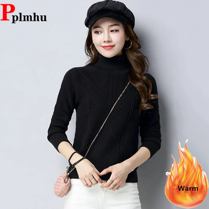 

Plush Lining Pullover Plus Velvet Warm Thicken Women Turtleneck Sweater Winter Casual Stretch Knitted Jumper Korean Fashion Tops