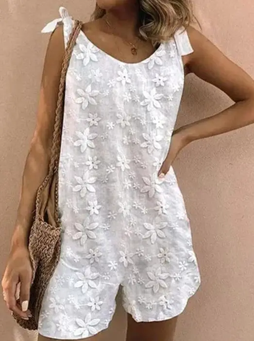 

Elegant Jumpsuit Women 2023 Summer New Casual Fashion Sweet Fresh Lace Bow Strap One Piece Shorts Simple Daily