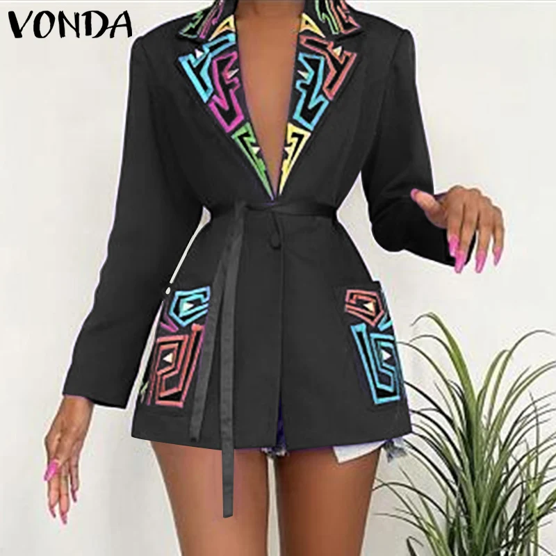 

2022 VONDA Autumn Women Floral Printed Coats Elegant Suit Blazer Lapel Casual Long Sleeve Suits Party Coats Belted Streetwear