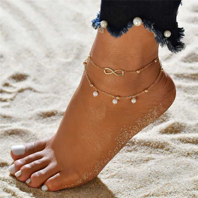 

WUKALO Charm Adjustable Anklet Bracelet Two layers Chains Beach Anklets Peal Women Leg Chain Foot Jewelry Gift Summer Jewelry