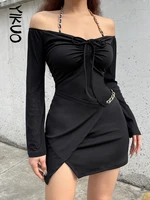 yikuo off shoulder long sleeve elegant bodycon dresses for women 2022 spring fashion chains halter irregular club party dress