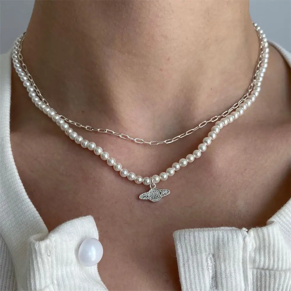 

Y2K Jewelry Chain Vintage Crystal Zircon Planet Saturn Pearl Choker Necklace For Women Female Couple Saturn Pendants Necklace