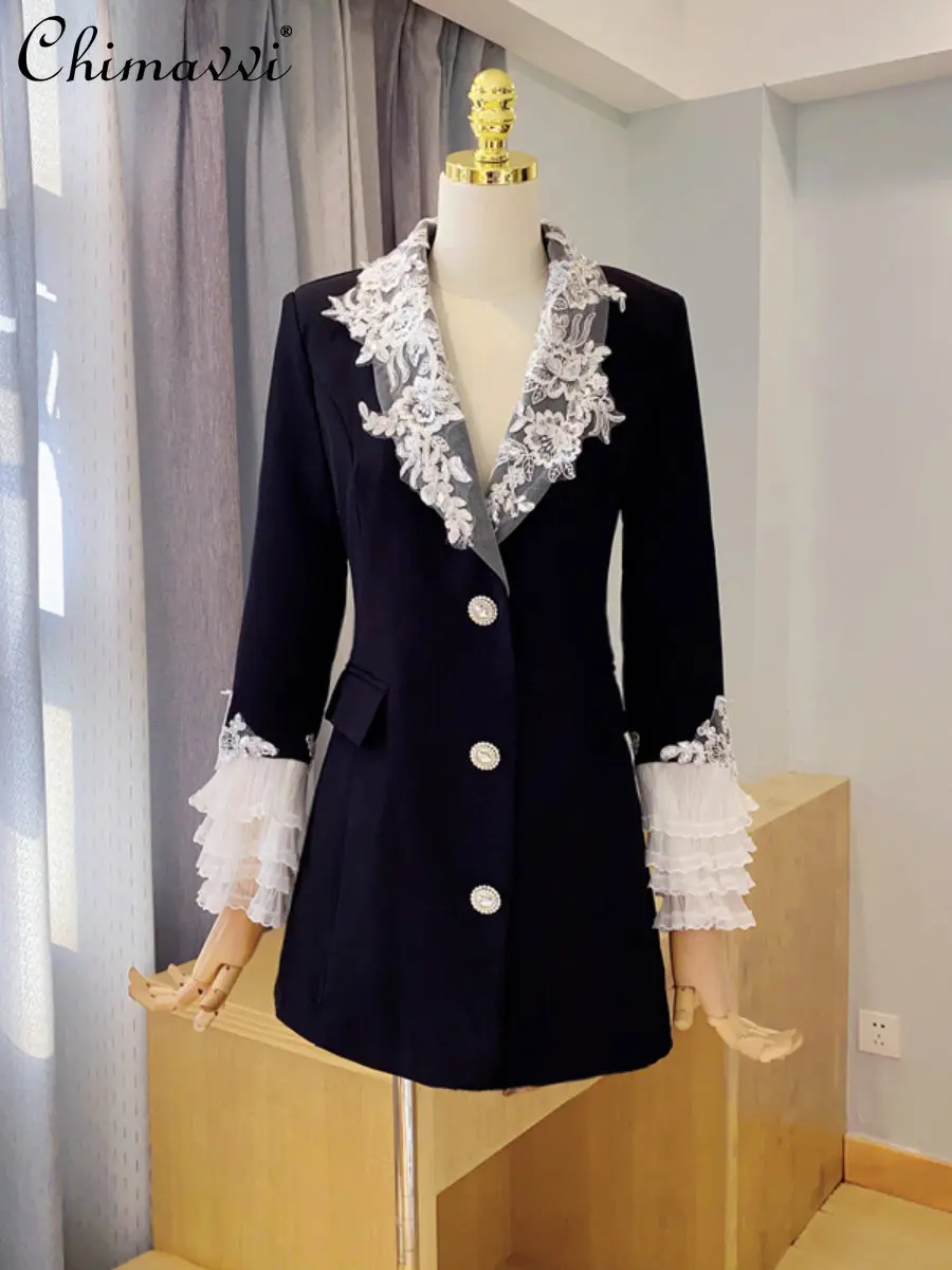 Black Bell Sleeve Exquisite Embroidered Diamond Suit Dress Women's Autumn New Fashion Design Slim Elegant Mid-Length Short Dress