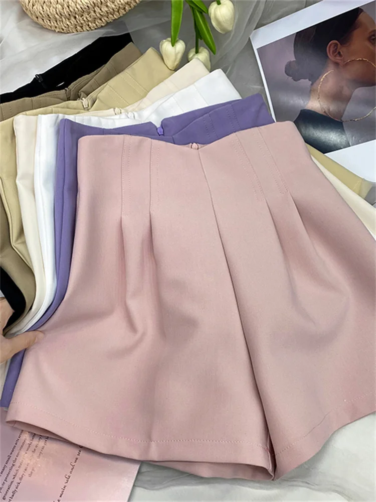 

Однотонные шорты для женщин 2023, модные офисные женские костюмы со складками, свободные женские шорты, повседневные шорты с широкими штанинами и высокой талией