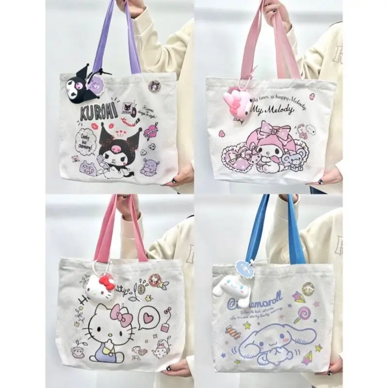 

Симпатичная сумка для покупок Sanrio Hellokittys Kuromi Cinnamoroll, Холщовая Сумка для покупок, большая емкость, сумка через плечо для девочек, аниме, игрушк...