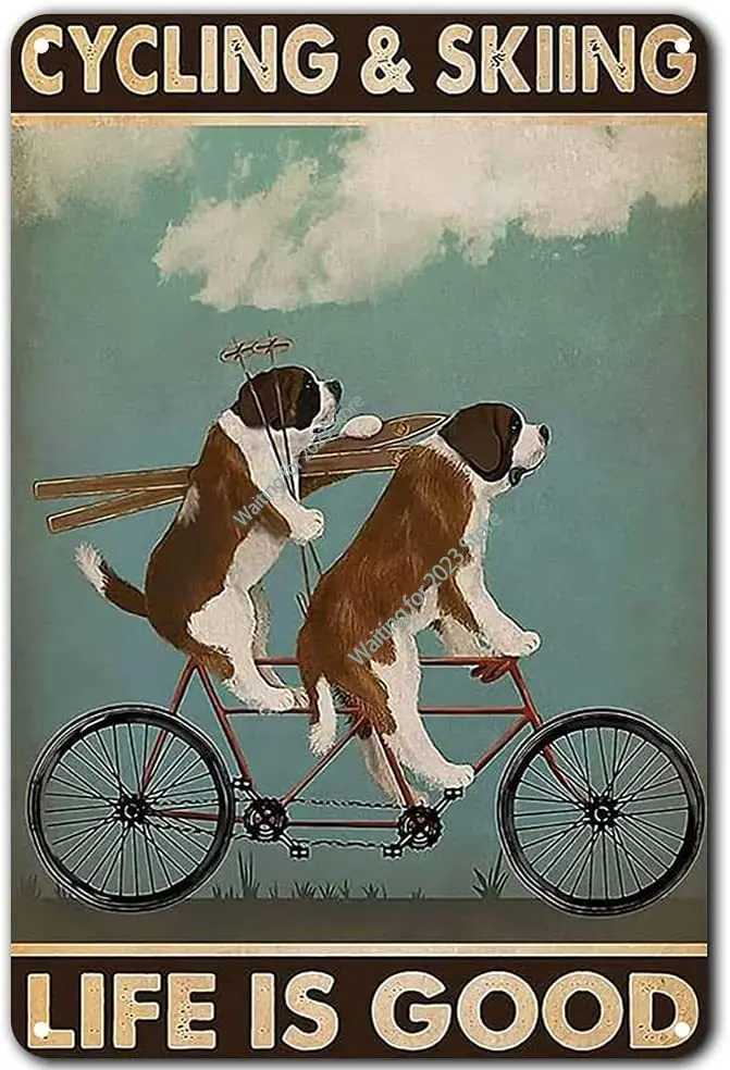 

Vintage Tin Sign Dog Couple Cycling and Go to Skiing Poster Metal Plaque