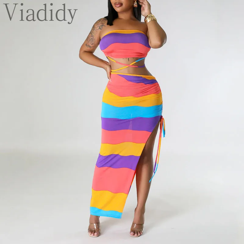 Женский Повседневный сексуальный топ-бандо в полоску и Асимметричная Макси-юбка