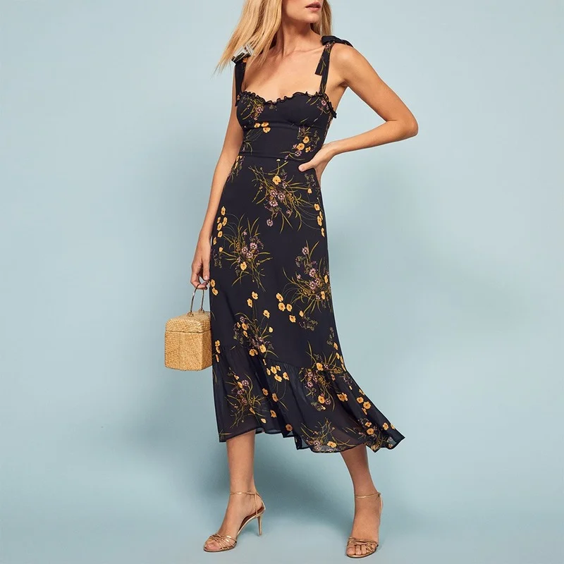 

Dresses For Women 2021 Elegant Vintage Floral Dress Frill Sweetheart Neck Sleeveless Strap Tie Ruffle Hem Summer Beach Dress