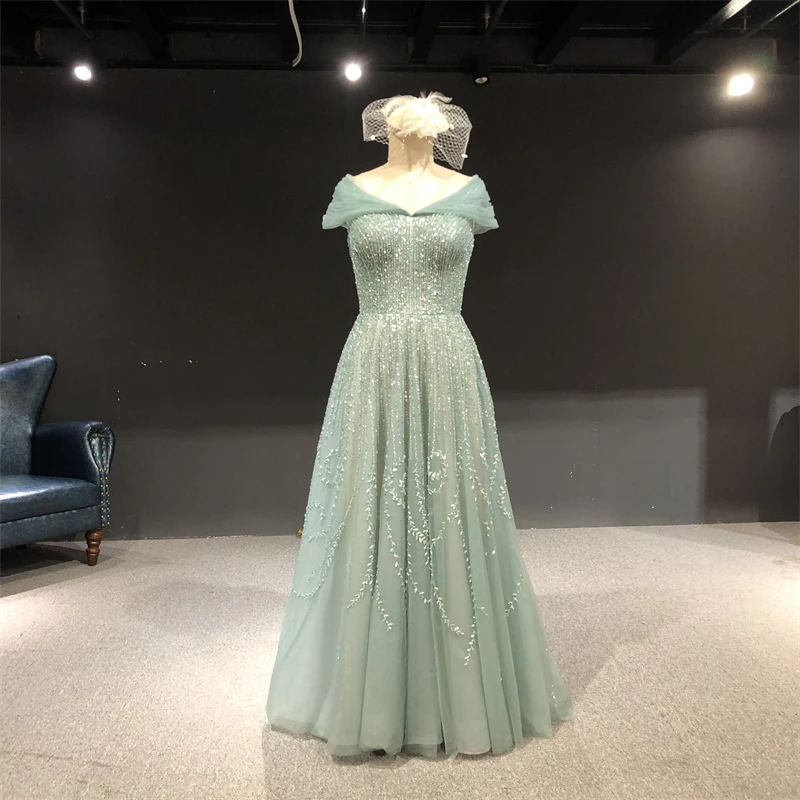 

100%Real Picture Green Boat Neck A-line Luxury Beads Floor Length Prom Party Formal Women Dance Dress Bridal Evening Dresses