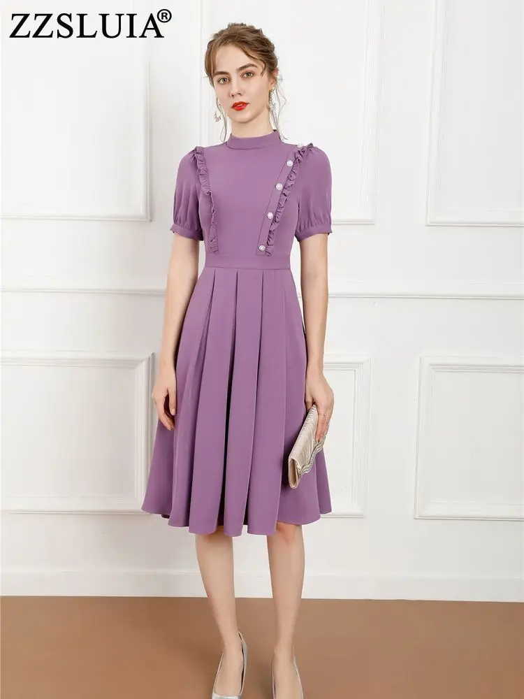 

ZZSLUIA Elegant Dresses For Women Ruffles Designer Buttons Short Sleeve Slim Midi Dress Fashion Summer Stand Collar Dress Female