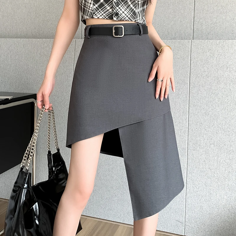 

Black Irregular Slim Skirt Summer 2023 Belted High Waist Package Hip Split Midi Skirts Womens Asymmetric Long Faldas Jupe Femme