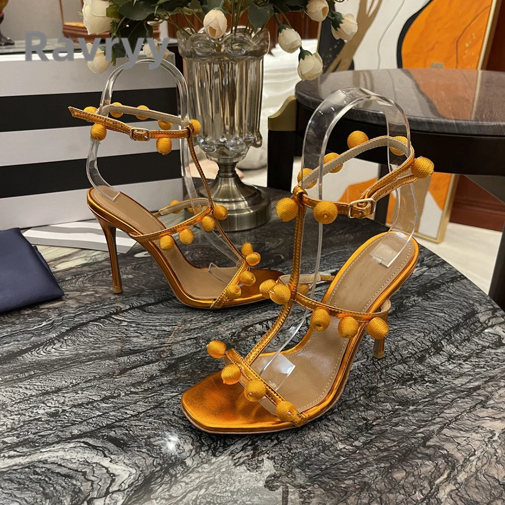 2023 Summer New Rhinestone Ball Versatile Super High Heel Sandals Genuine Leather Slim Heel Sexy Open Toe Women's Daily Sandals