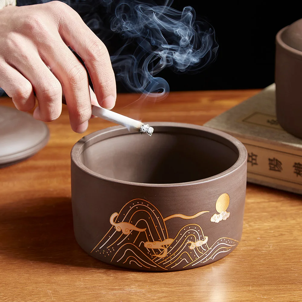 

Chinese Business Gift Home Decoration Living Room Desktop Smoking Accessories Purple Clay Ashtray Cigar Ash Storage Container