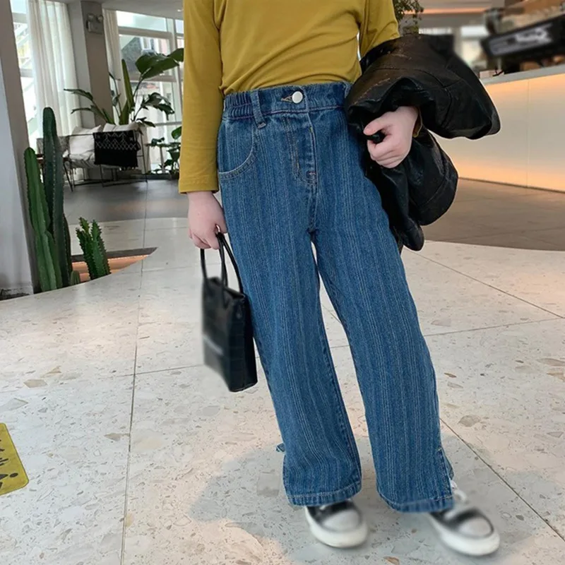 

Baby Girls Blue Jeans Korean Style Girls Wide Leg Jeans Pants Casual Pants Fashionable Straight Pants Children Denim Trousers