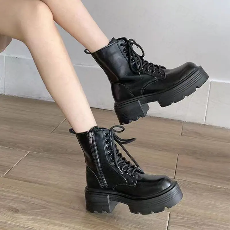

Chunky Platform Heels Chelsea Women Boots Ankle Winter New Warm Plush Cotton Boots Pu Leather Goth Femme Shoes 2022 Pumps