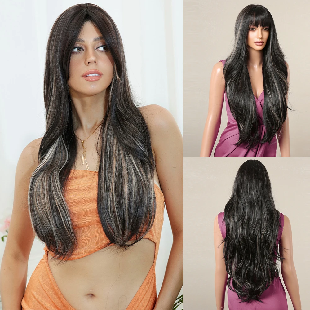 Длинный Волнистый Синтетический Парик С Челкой Черный Коричневый Для Женщин