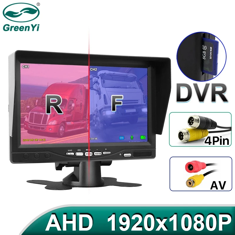 $50.95 GreenYi AHD Recording DVR 7 Inch Car Monitor with 1920*1080P Vehicle Rear View Camera for Truck Bus Support SD Card
