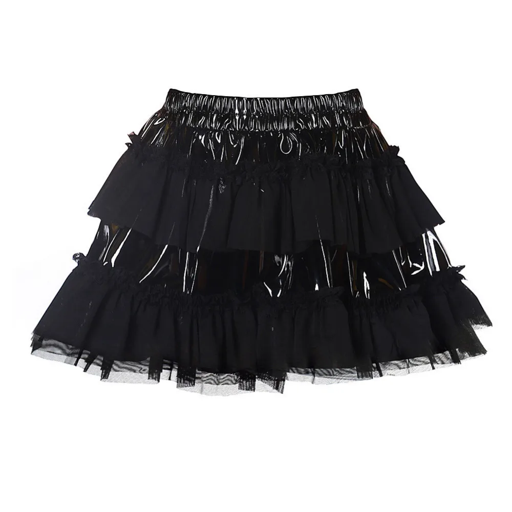 

Womens Gothic Black PVC Leather Mesh Patchwork Ruffle Mini Skirt DS Clubwear
