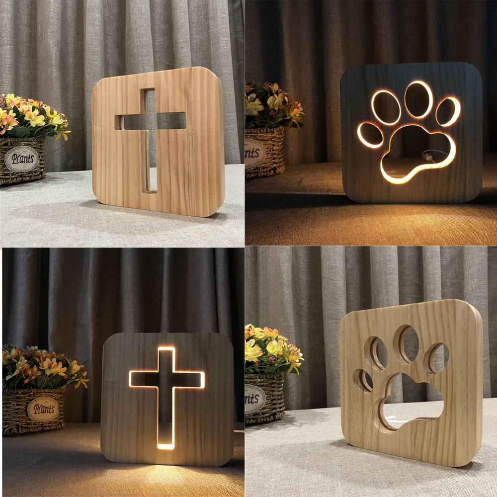 

Wooden Led Night Light USB Rechargeable Lamp Cross Solid Wood Bedside Lamp Craft Ornament Kid Bedroom Decor Children Gift