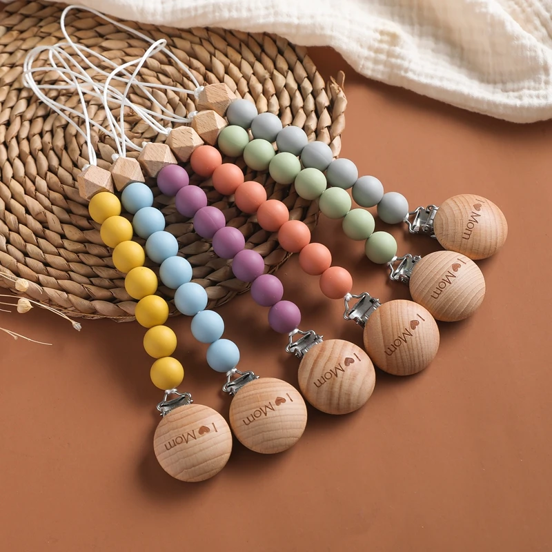 

Baby Pacifier Chain Clips Flower Shape I Love Mom Silicone Teething Beads Pacifier Chain Holder Dummy Feeding Clip Soother Chain