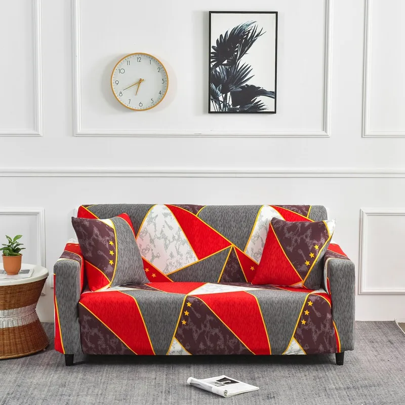 

Red Grid L-shaped Sofa Cover Stretch Geometric Printed Sofa Slipcover for Couch All Seasons In Living Room Dust-Proof Protector
