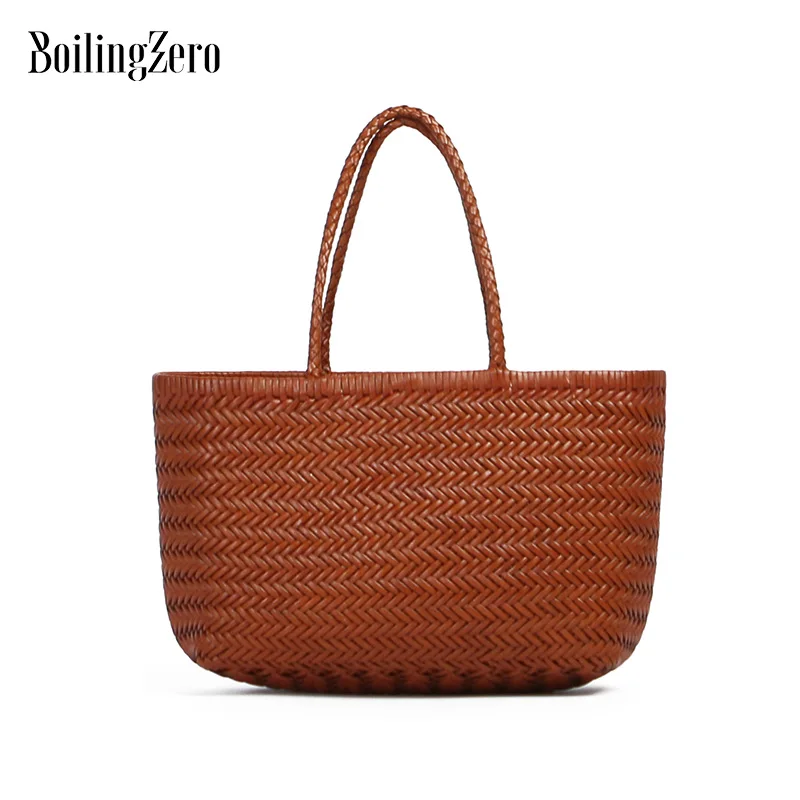 

Single Shoulder Bags Leather Handbag Knitting Bag Ladies Yellow Brown Hand Craft Calf Hides Female Tote Top-Handle Woven Coffee