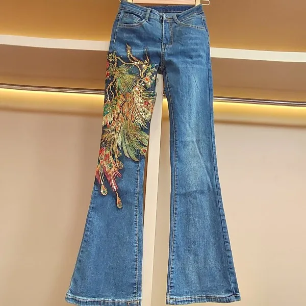 Streetwear Phoenix Sequin Jeans Women Blue High Waist Bell-bottoms Vintage Slim Fit Trousers Ladies Denim Pants