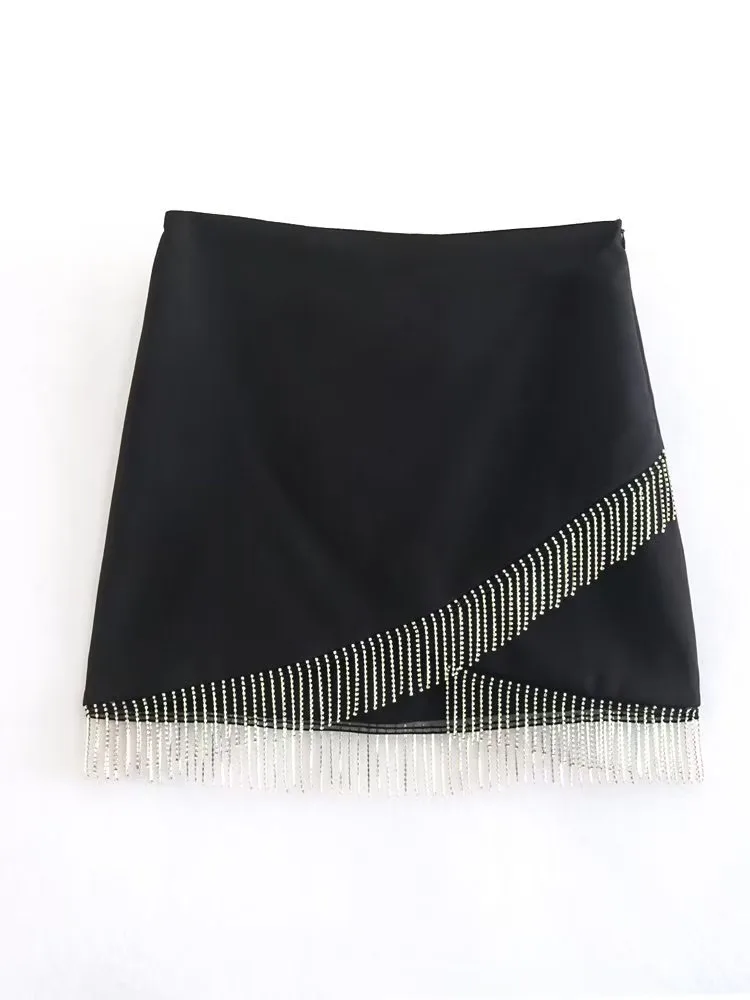 

Women 2022 Autumn New Chic Fashion Shiny tassel Mini Skirt Vintage High Waist Side Zipper Female Skirts Mujer
