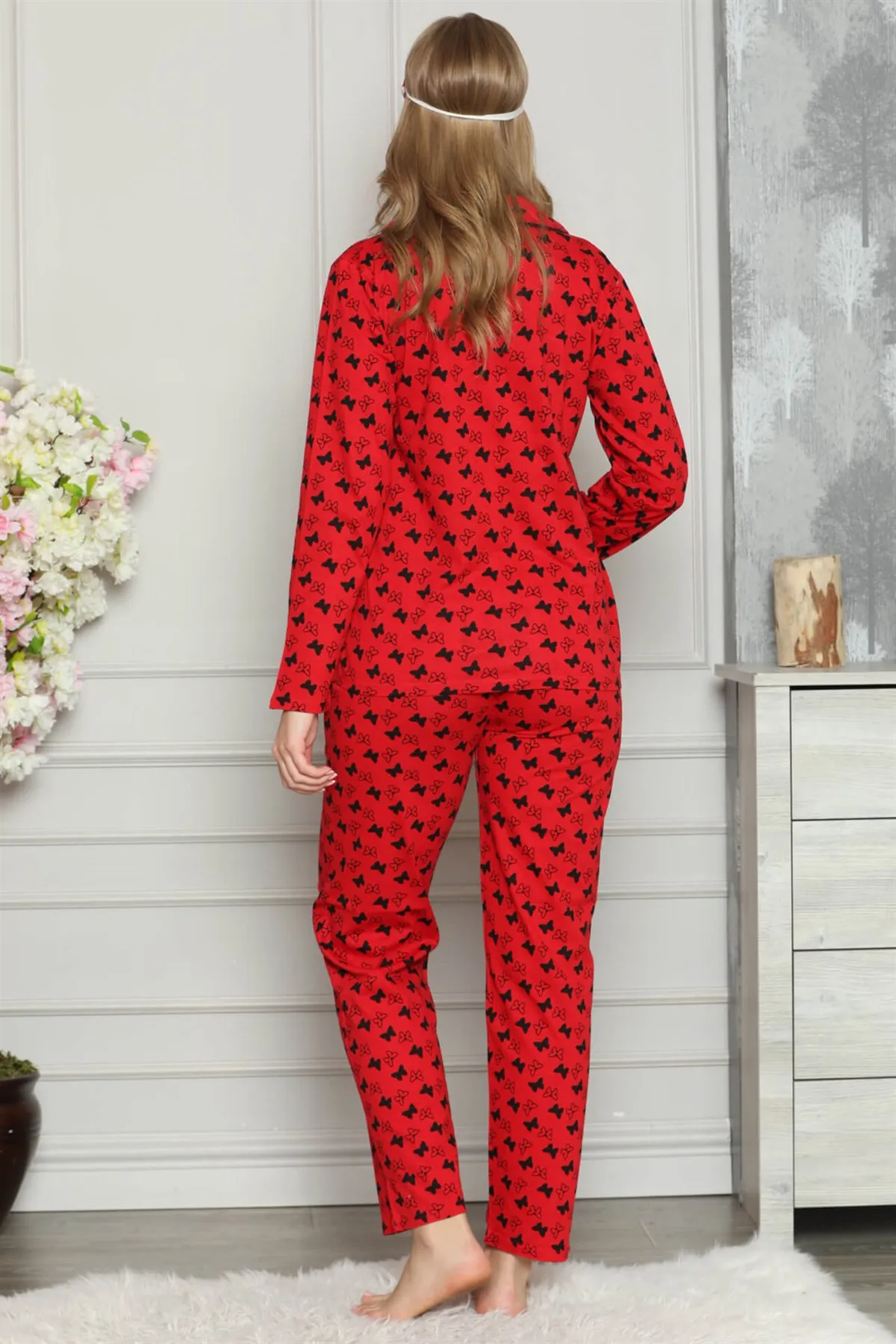 

Fashion Cartoon Women 'S 100 Cotton Front Button Long Sleeve Pajamas Suit 2721