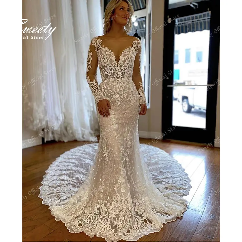

Vintage Mermaid Wedding Dress Embroidered Lace On Net With A-line Floor Length Slim-line O-neck Sleeveless Bride Dress Button