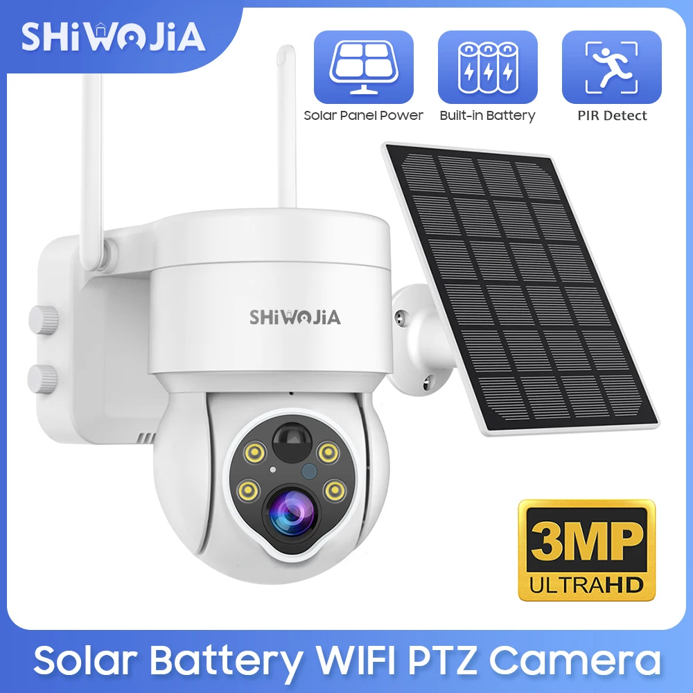 

SHIWOJIA Solar Camera Outdoor Wireless Wifi PTZ Camera 3MP Security Solar Panel Surveillance Two Way Audio PIR Detect CCTV