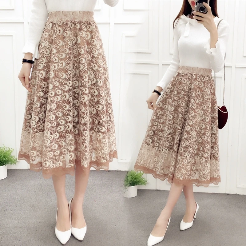 

2022 Spring Summer Korean Fashion Pleated Lace Print Hollow Long Skirts Women High Waist Midi A Line Skirt Jupe Femme Mujer E115
