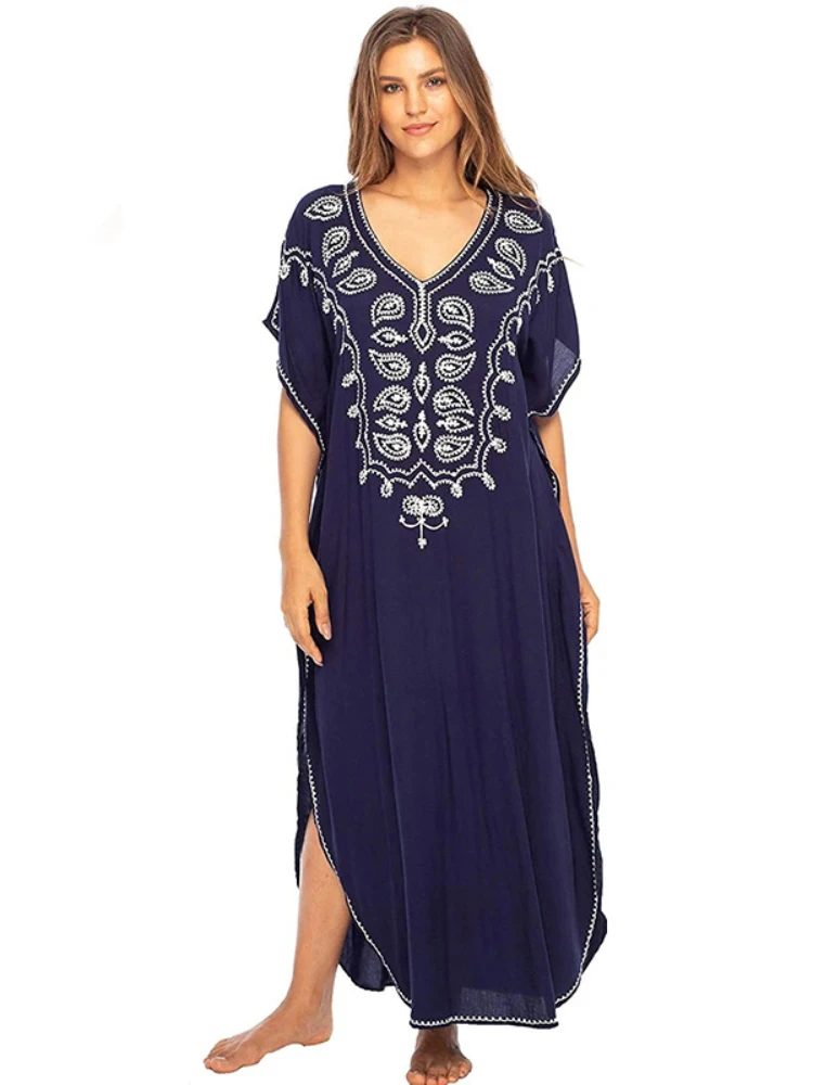 

Beach Dresses Navy Blue Flower Embroideried Maxi Robe Swimsuit Cover Up Summer Holiday Bathing Suits Beachwear Factory Supply