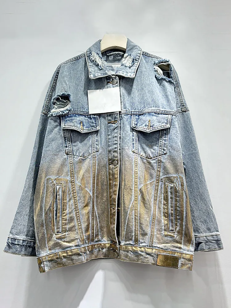 Женская джинсовая куртка DEAT однобортная Свободная с золотым и серебряным