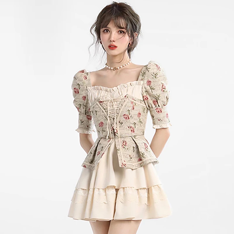 

Vintage Women's Floral Dress y2k Lolita Slim Casual Elegant Court Aesthetic New Summer Mini Dresses Short Sleeve Sweet Korean
