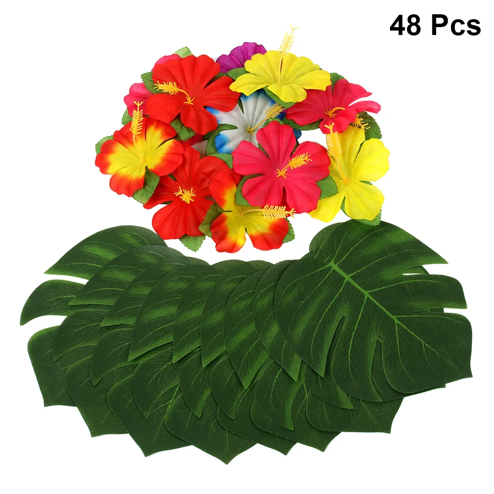 

48pcs In 1 Set Hawaiian Theme Party Supplies Simulation Monstera And Hibiscus Flower For Luau Party Decoration (24pcs 8 Inches